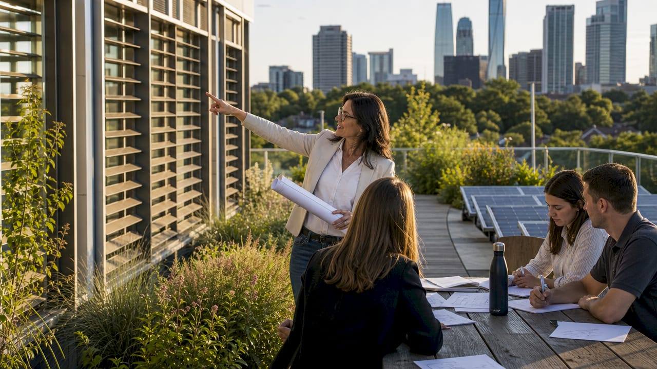 Engineer inspecting sustainable commercial facade outdoors