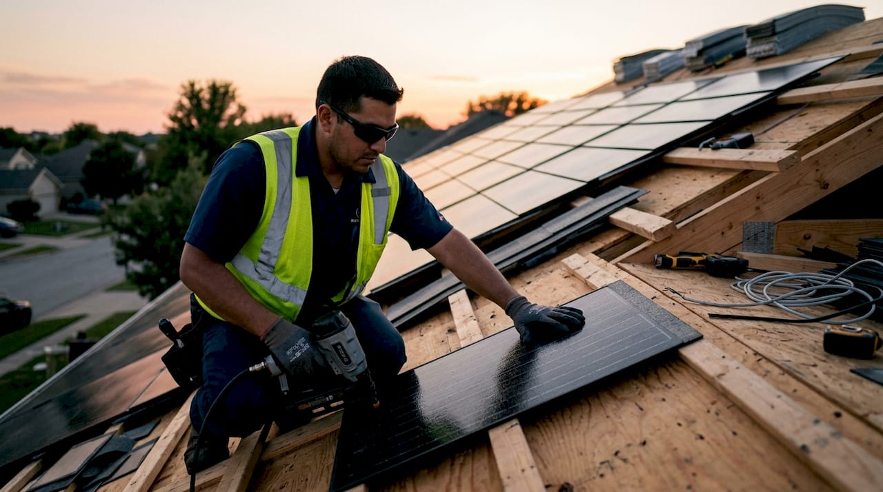 Close-up of hands installing solar shingles