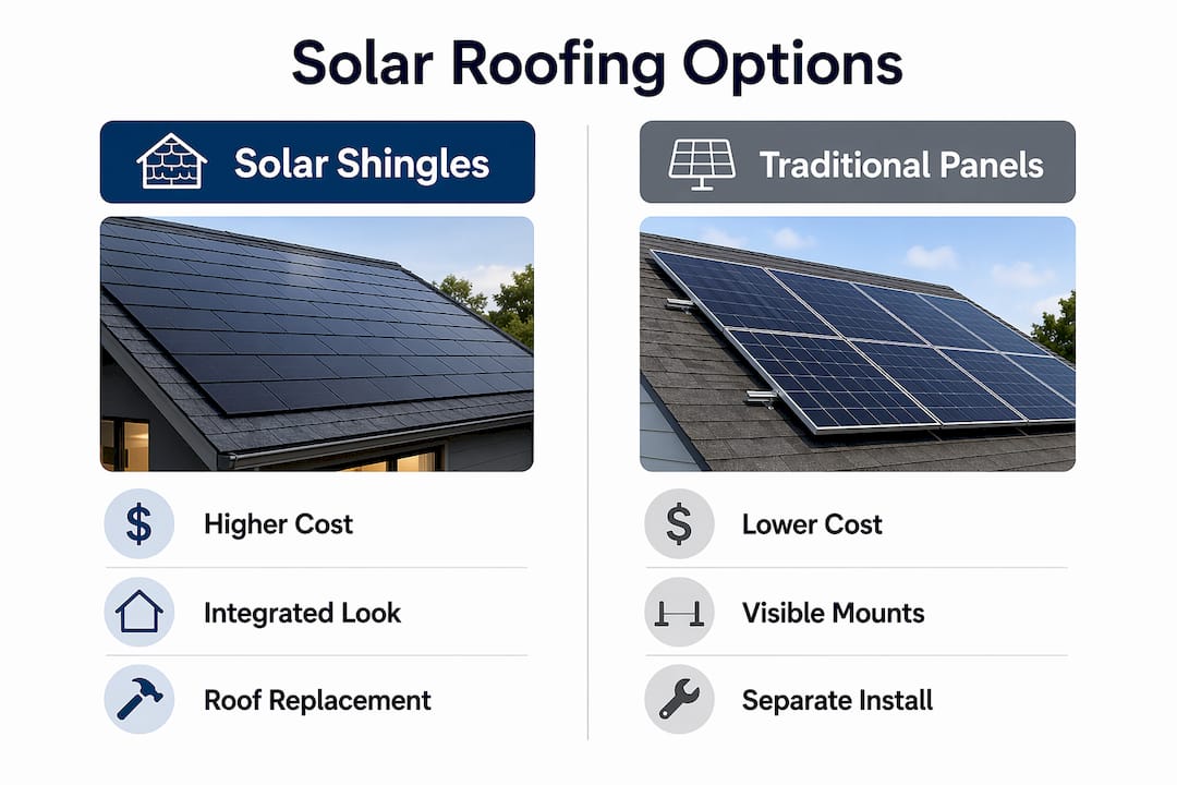 Infographic comparing solar shingles and traditional panels