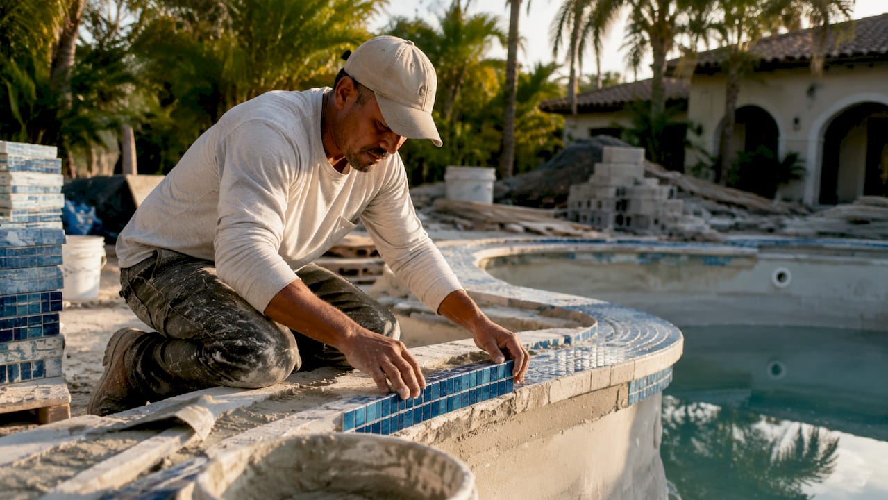 Pool under renovation with workers and equipment