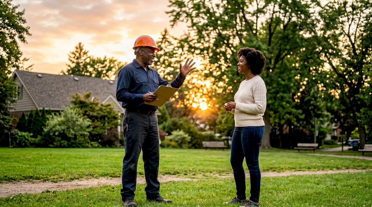 Contractor explaining roofing permit to homeowner outdoors