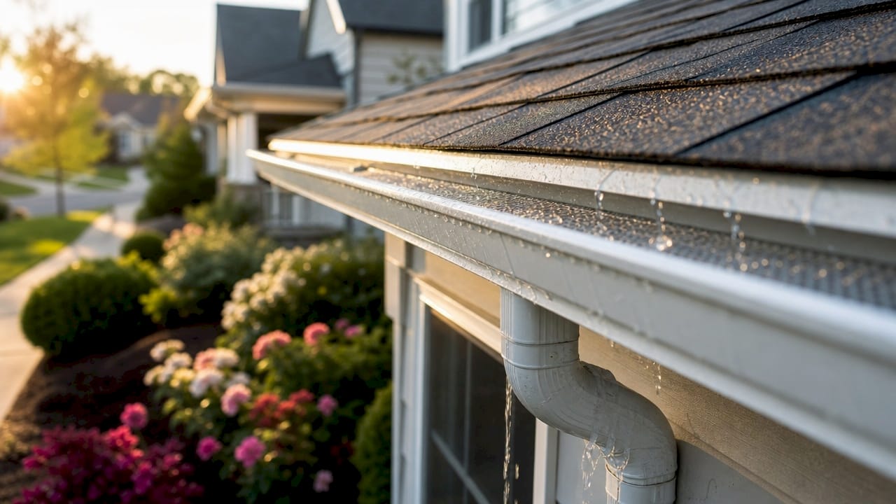 Close-up of gutter showing water flow and design