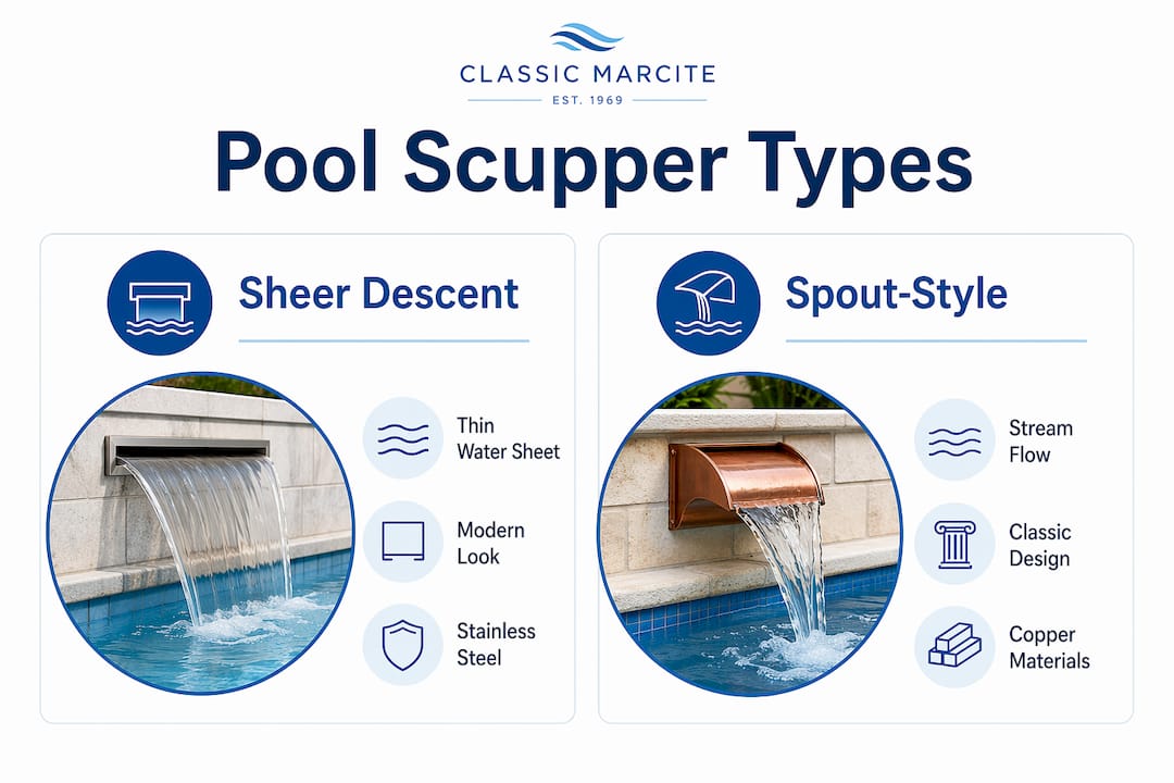 Infographic comparing pool scupper types