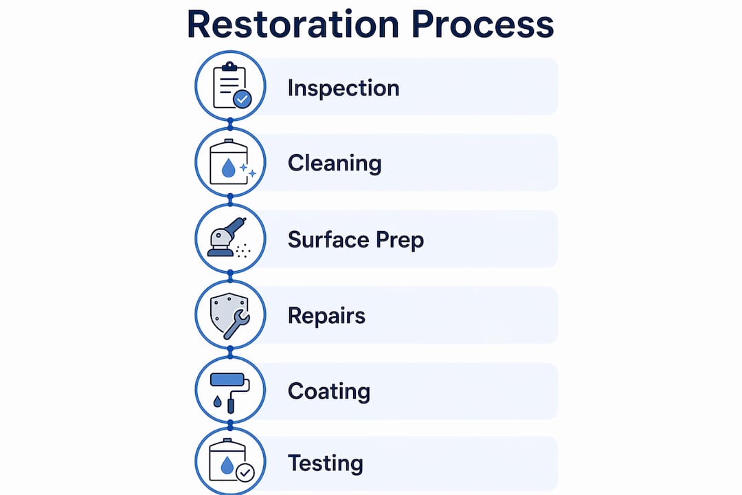 Infographic showing key stages of water tank restoration process