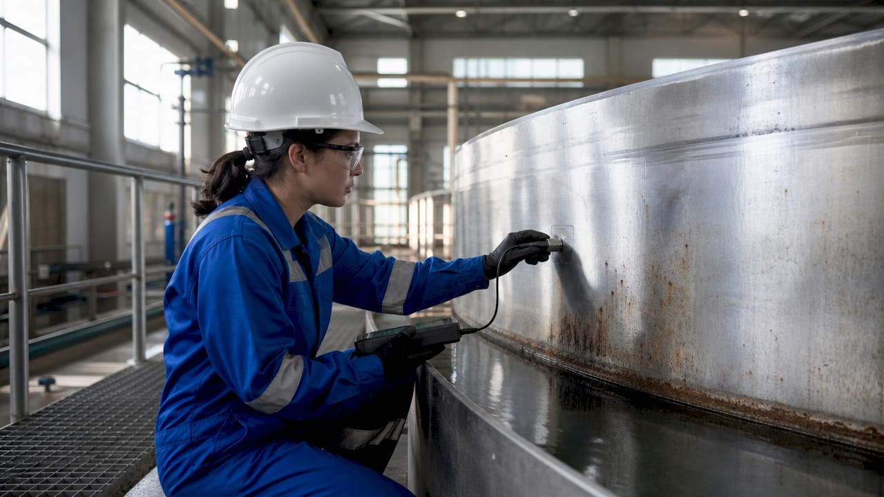 Technician performing ultrasonic thickness test inside water tank