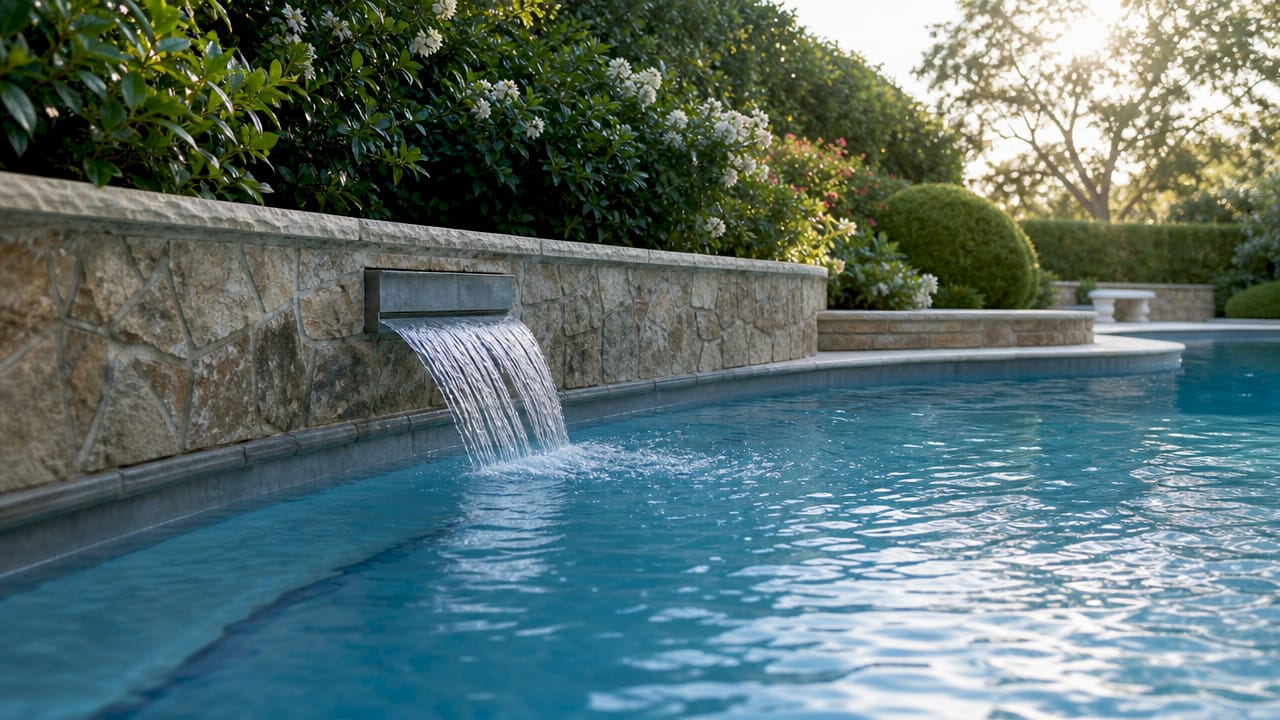 Sheer descent scupper flowing water into pool