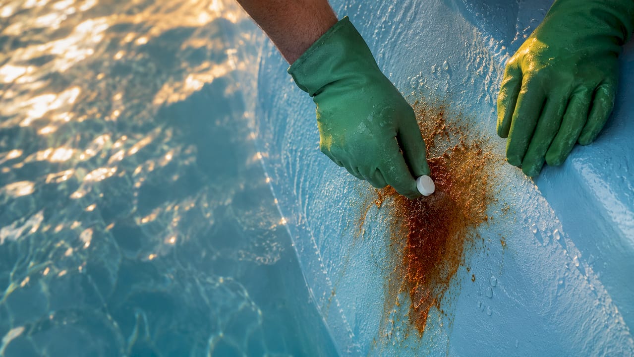 Close-up of testing metal stains in pool wall