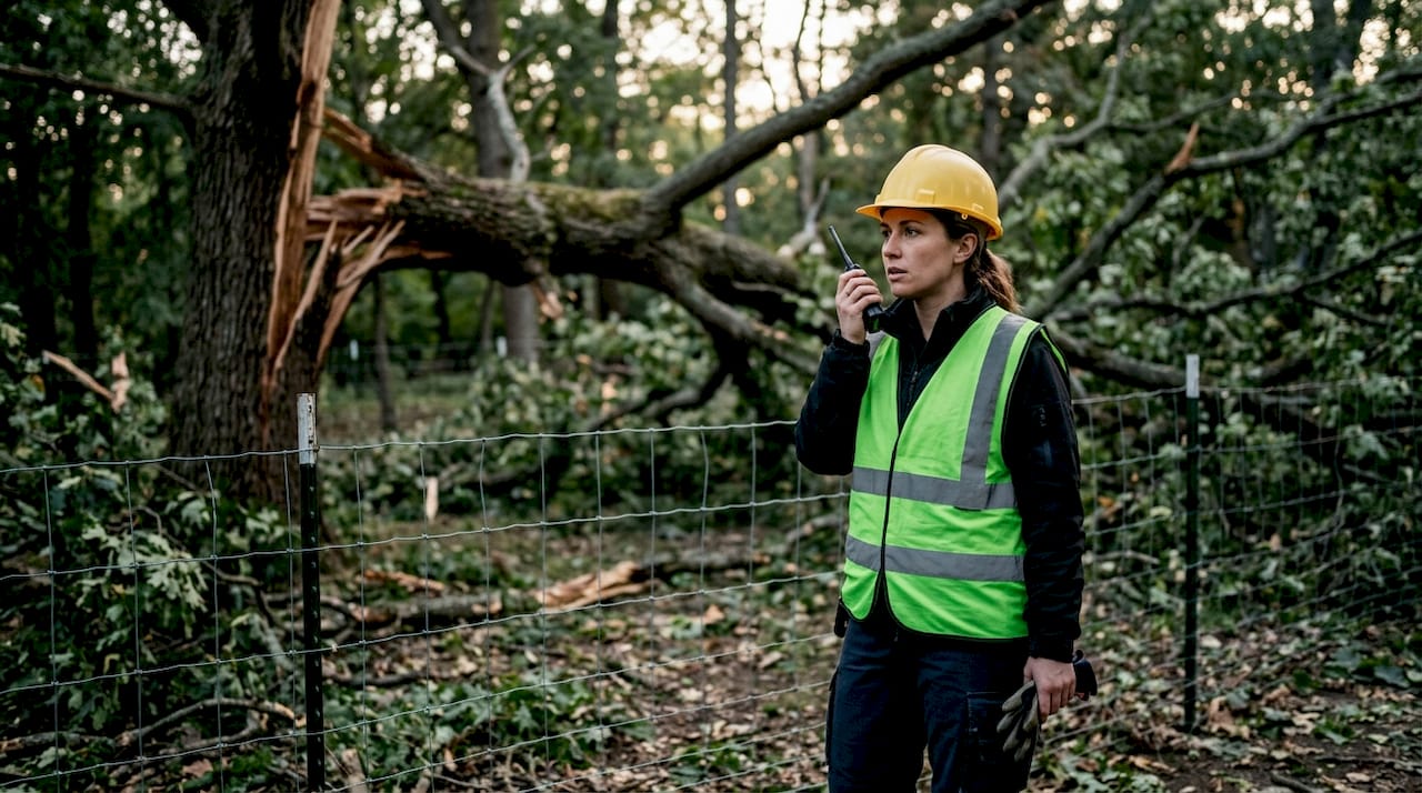 Emergency responder managing storm cleanup safety zone