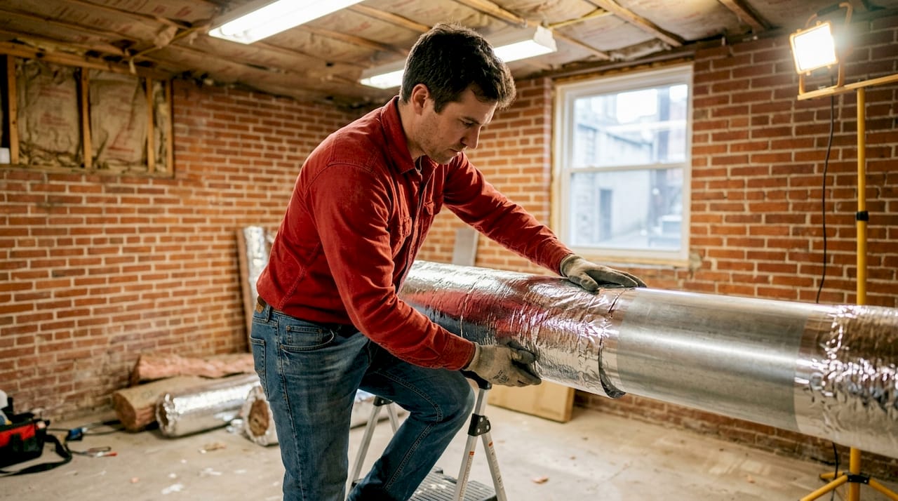 Applying foil insulation to air duct to prevent sweating