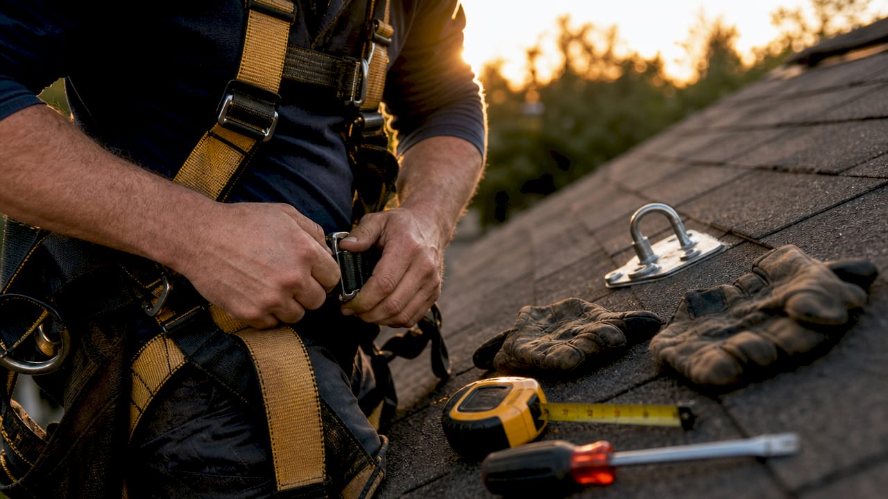 Close-up of roofer adjusting fall protection harness straps