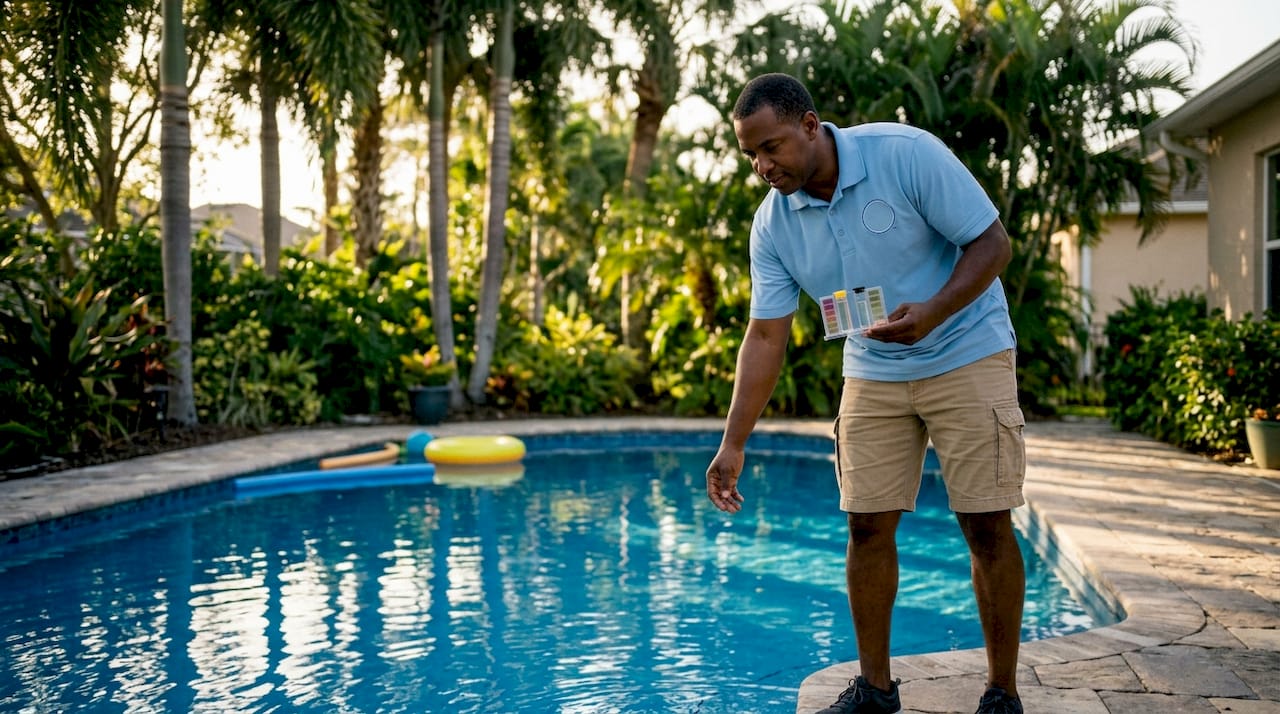 Pool inspector testing water quality near Florida pool