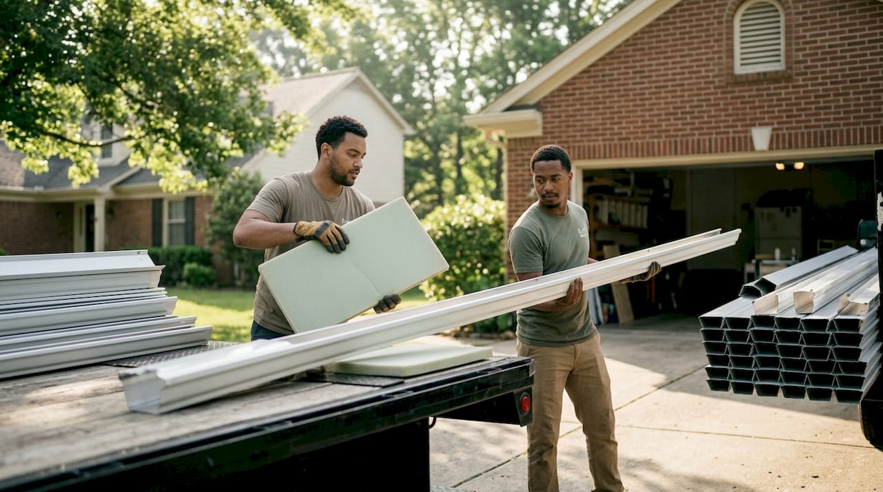 Two workers loading gutters safely onto pickup truck