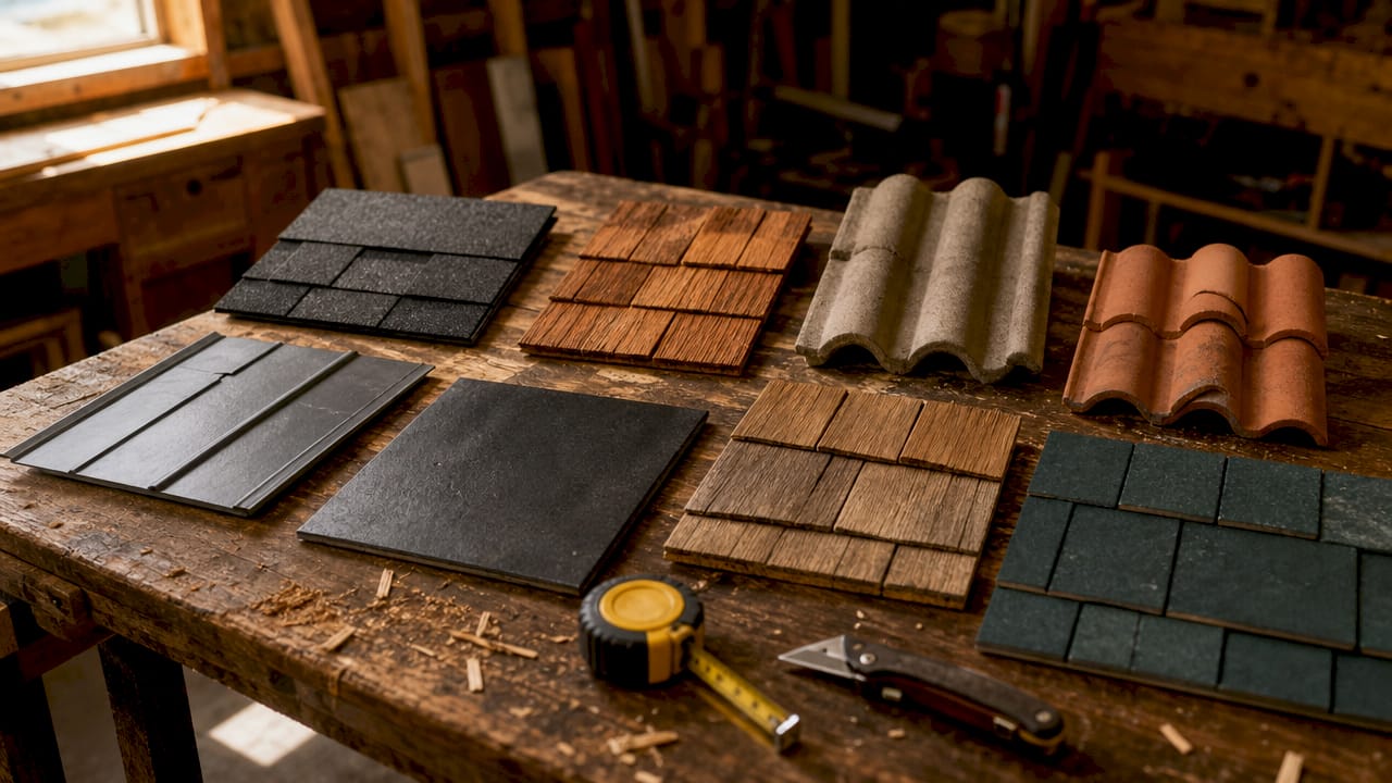 Various shingle roof samples on workshop table