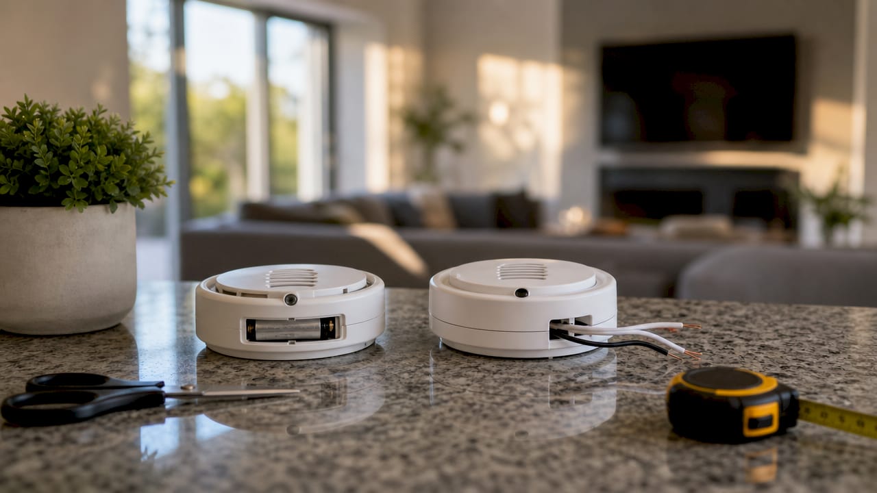 Battery-powered and hardwired smoke detectors side by side