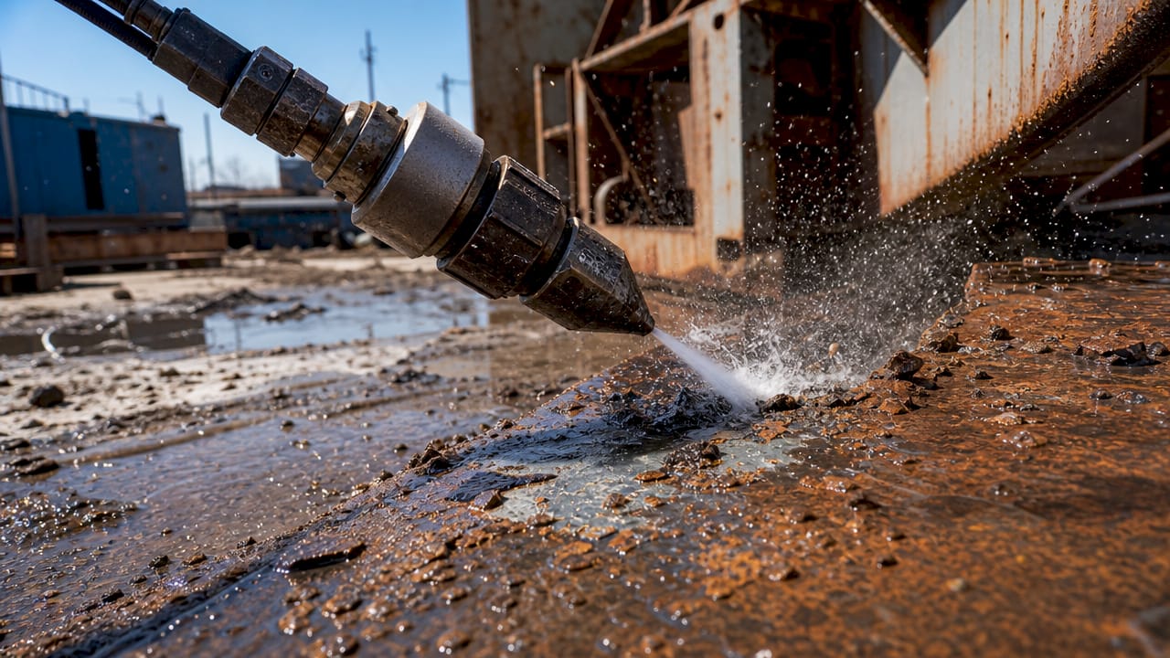 Close-up of hydroblasting nozzle cleaning rusted metal