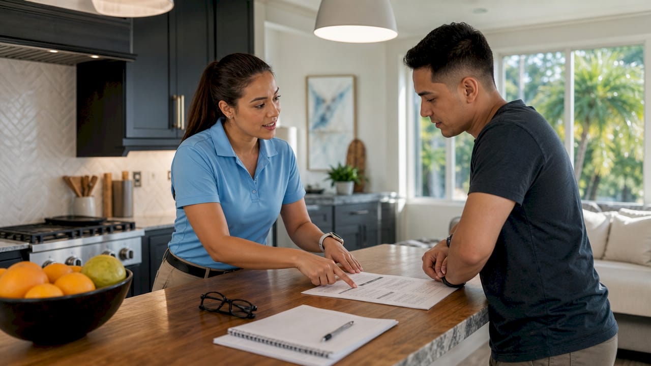 Contractor explaining HVAC plan to homeowner