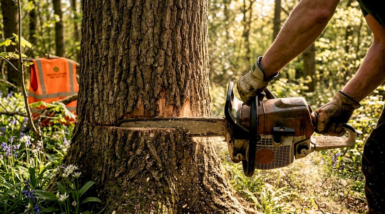 Close-up of hands making back cut with chainsaw on oak tree