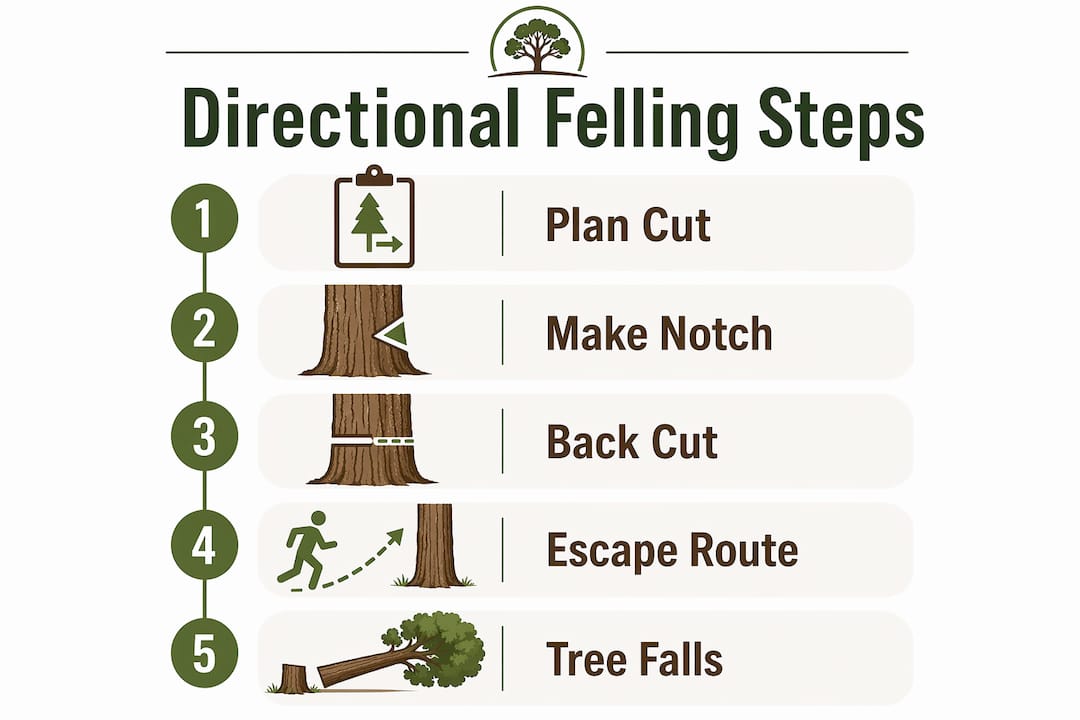 Infographic illustrating key steps in directional tree felling process
