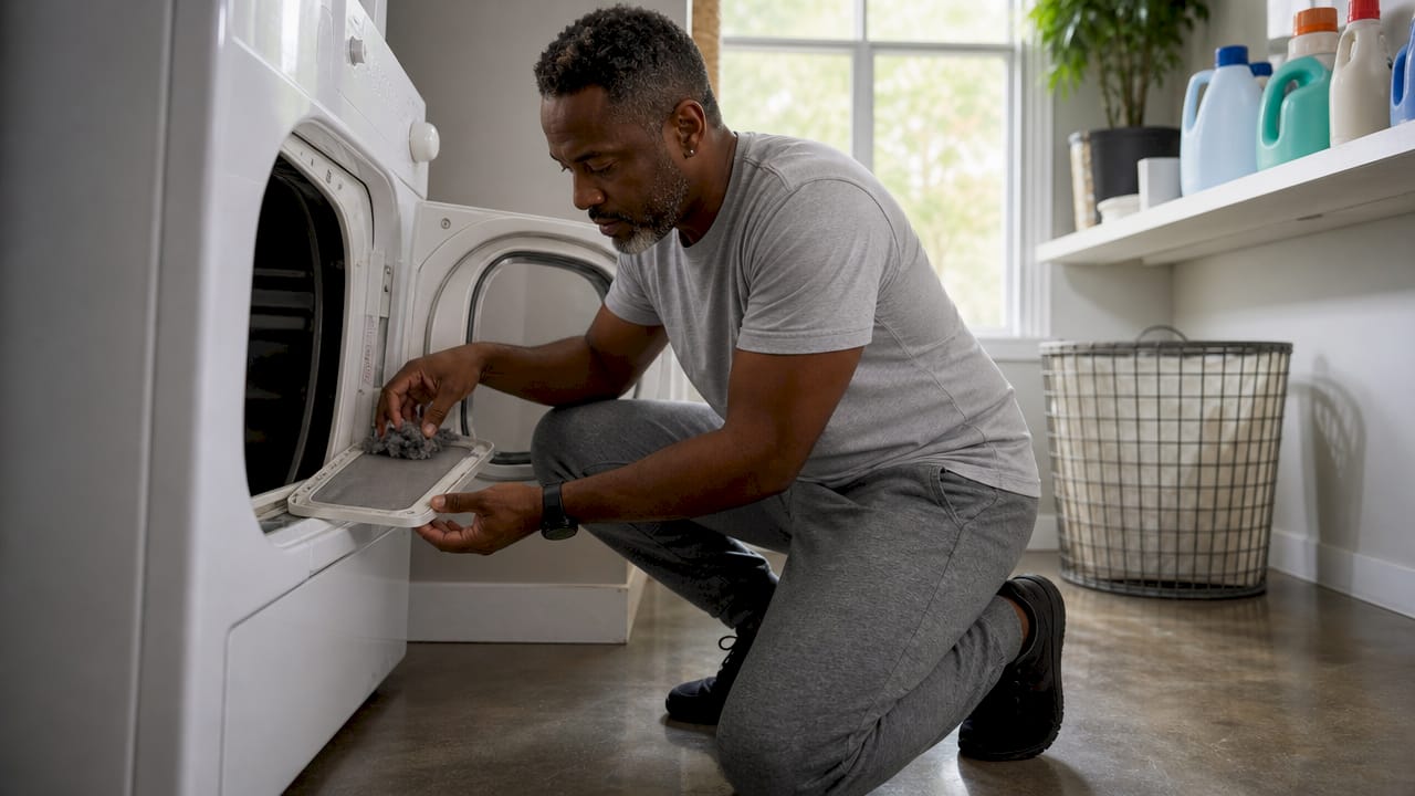 Man cleaning lint trap in laundry room