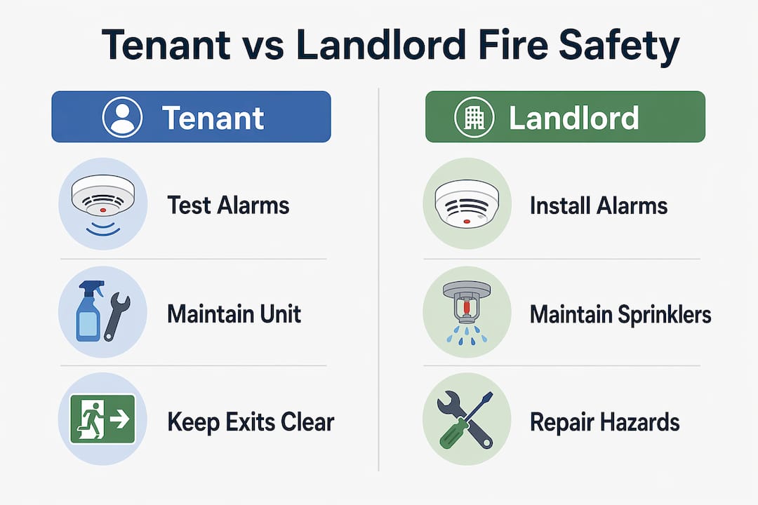 Infographic comparing tenant and landlord fire safety duties