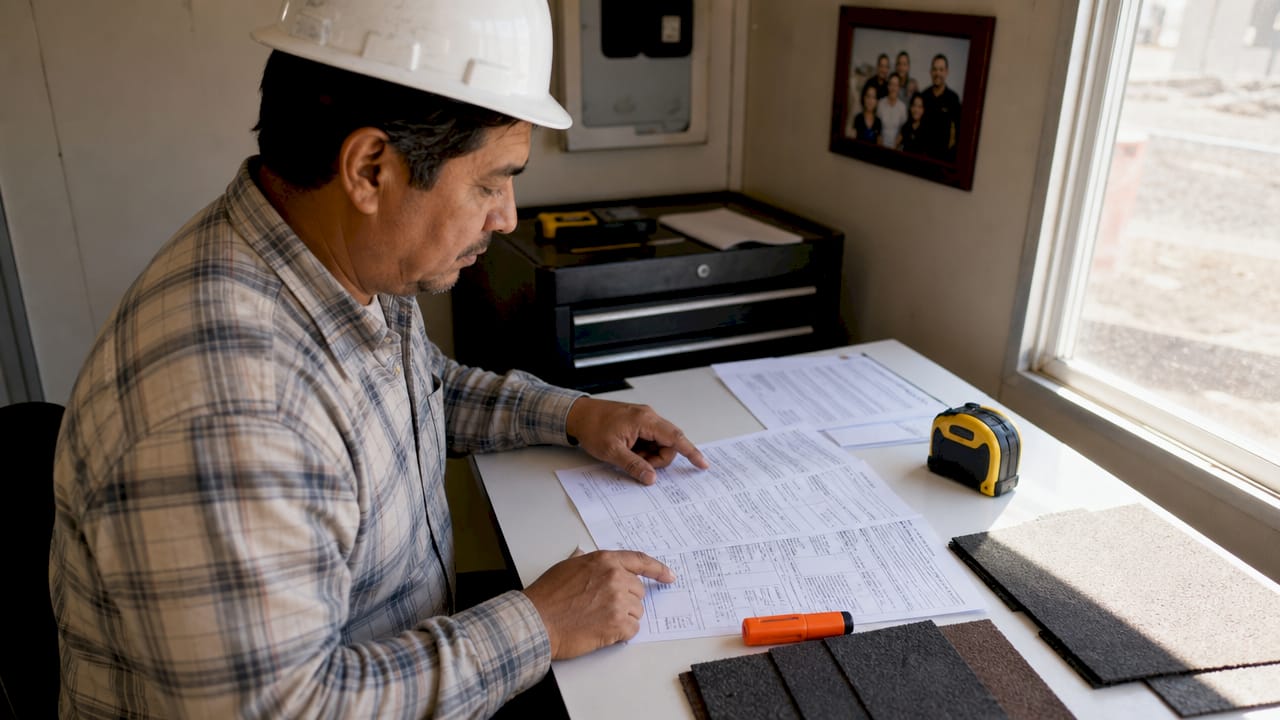 Contractor reviewing roofing permits at desk
