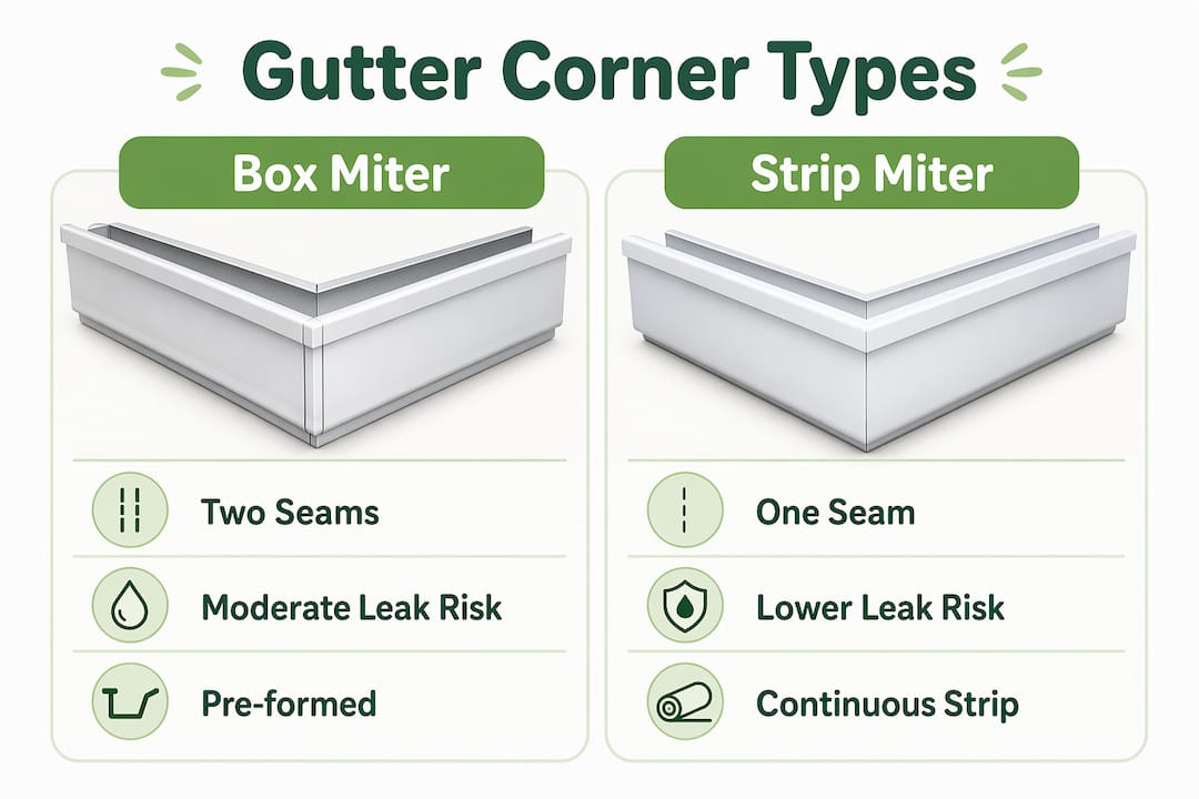 Infographic comparing box miter and strip miter gutter corners