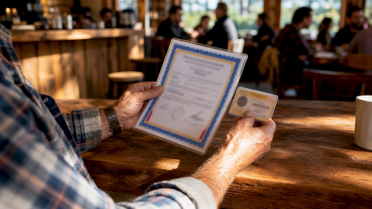 Roofing contractor showing license and insurance documents