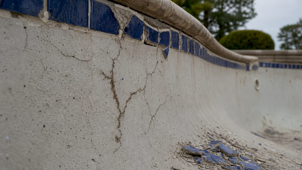 Close-up concrete pool micro-cracks and loose tiles