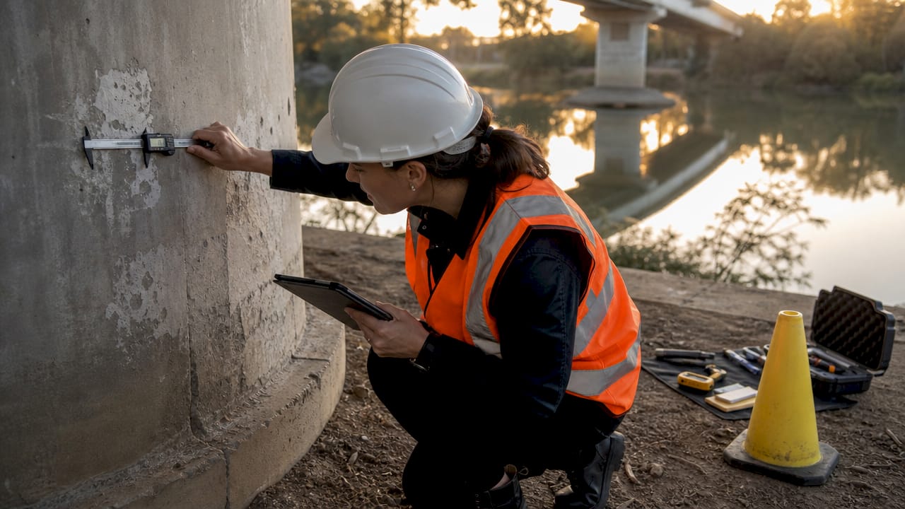 Civil engineer inspecting bridge for safety