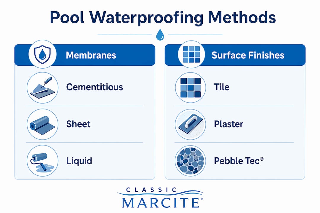Infographic comparing pool waterproofing membranes and surface finishes