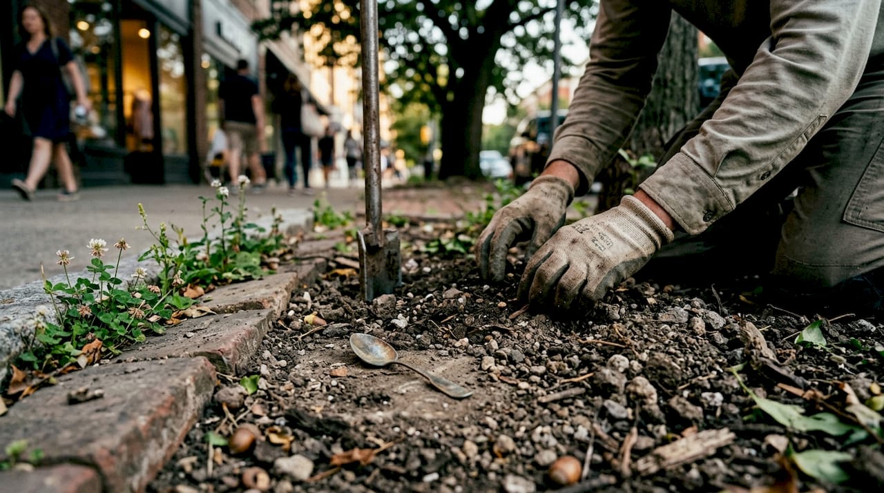 Hands testing compacted urban soil near street tree
