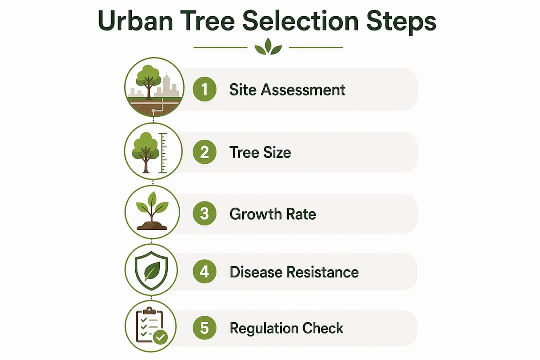 Infographic illustrating steps for selecting urban trees