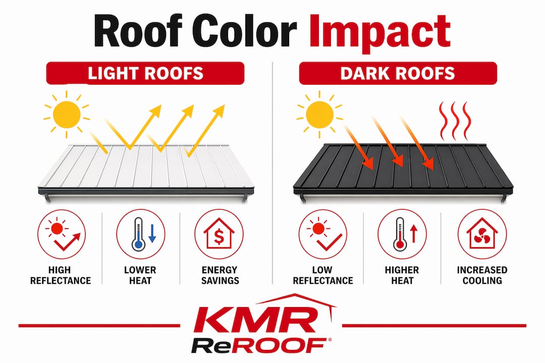 Infographic comparing light and dark roof heat effects