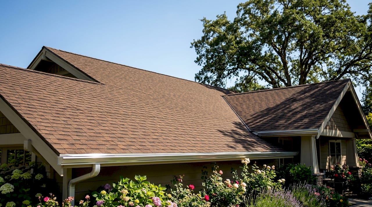 Close-up of asphalt shingles with aluminum gutters