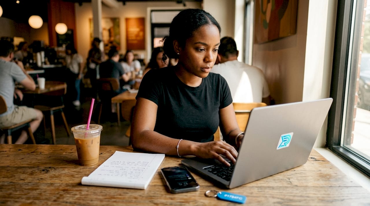 Hands typing on laptop in co-working space