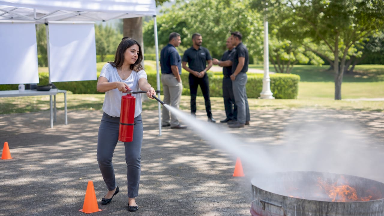 Hands demonstrating PASS fire extinguisher technique