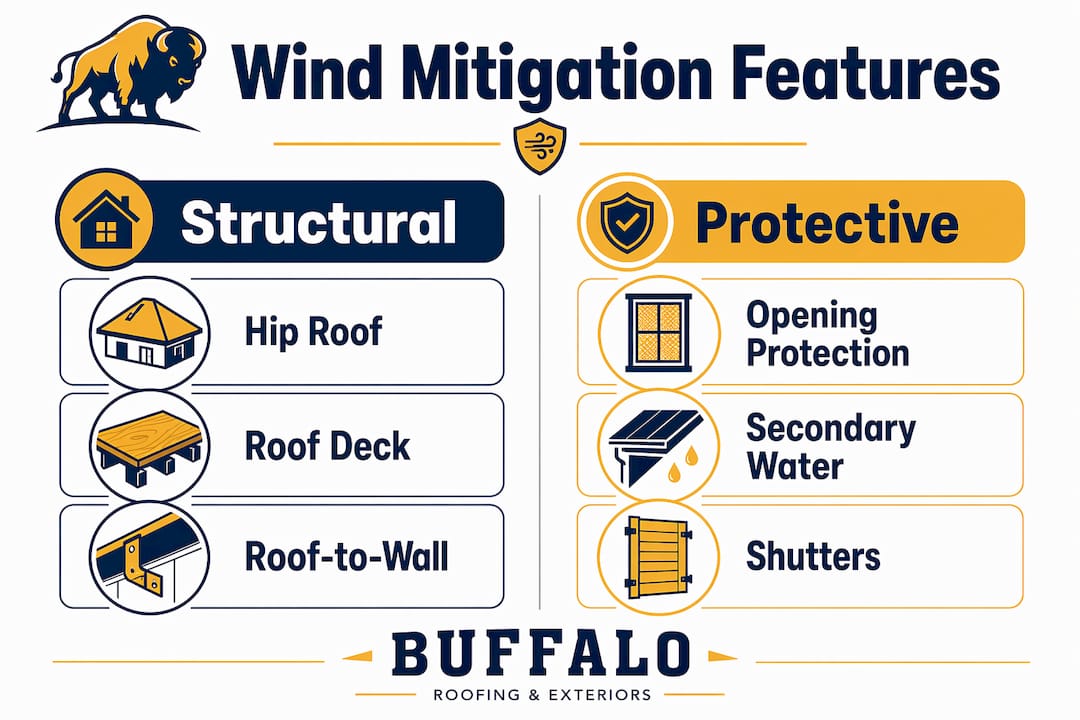 Infographic illustrating structural vs protective wind mitigation features