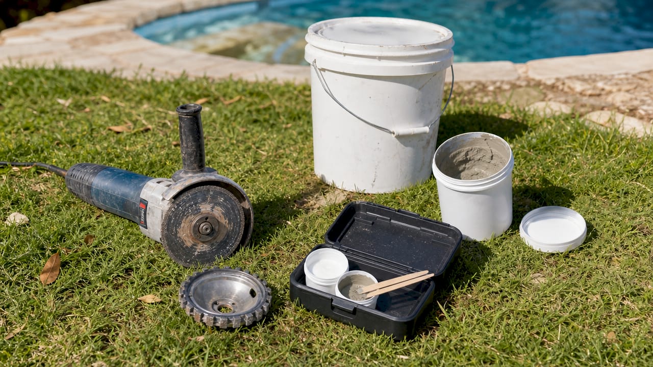 Pool crack repair tools and materials on deck