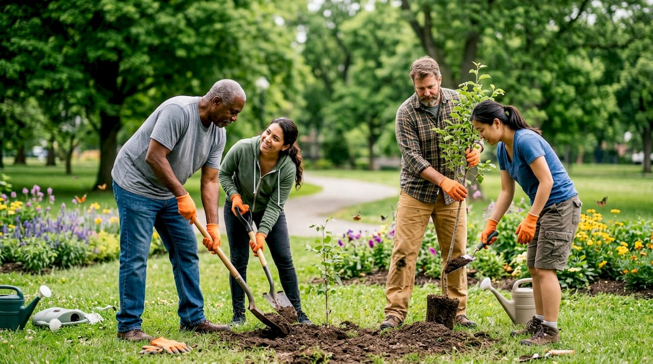 Community members planting trees in neighborhood park