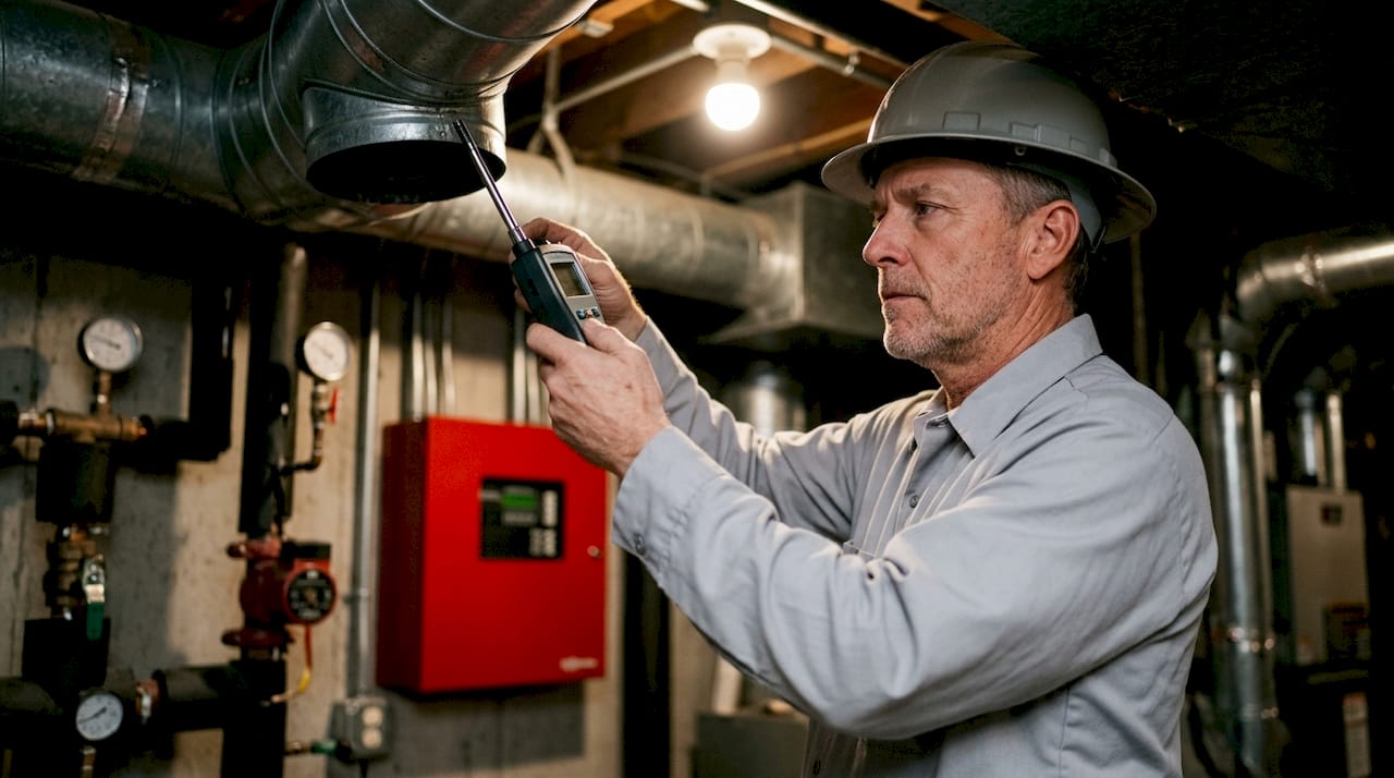 HVAC technician inspecting clinic ventilation system
