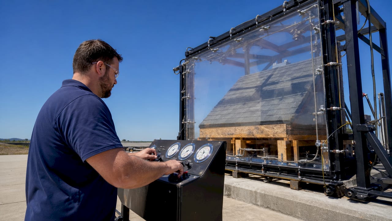 Technician operating wind uplift test chamber in lab