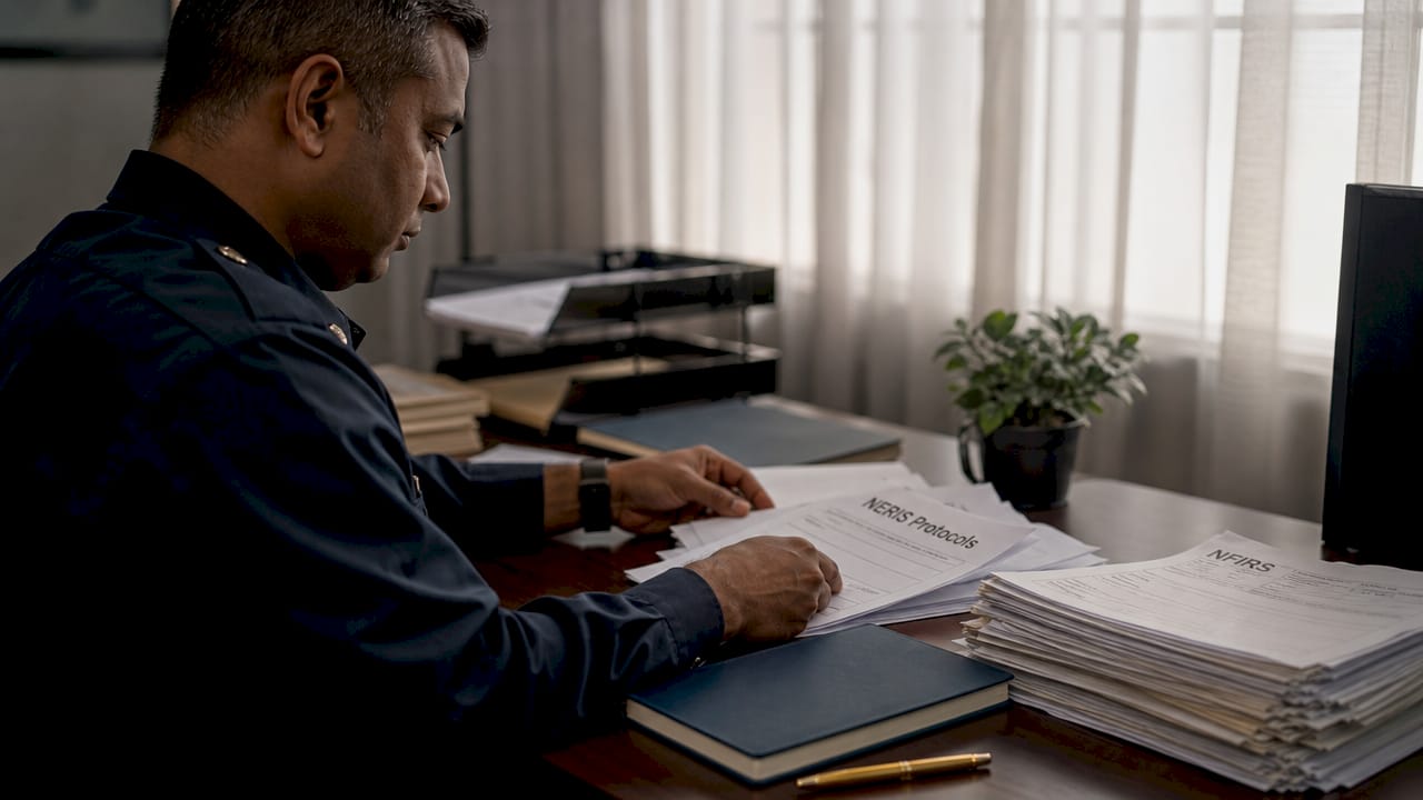 Hands placing NERIS protocol documents on desk