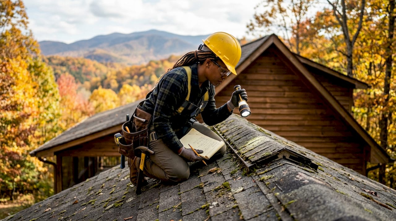 Technician inspecting residential roof shingles