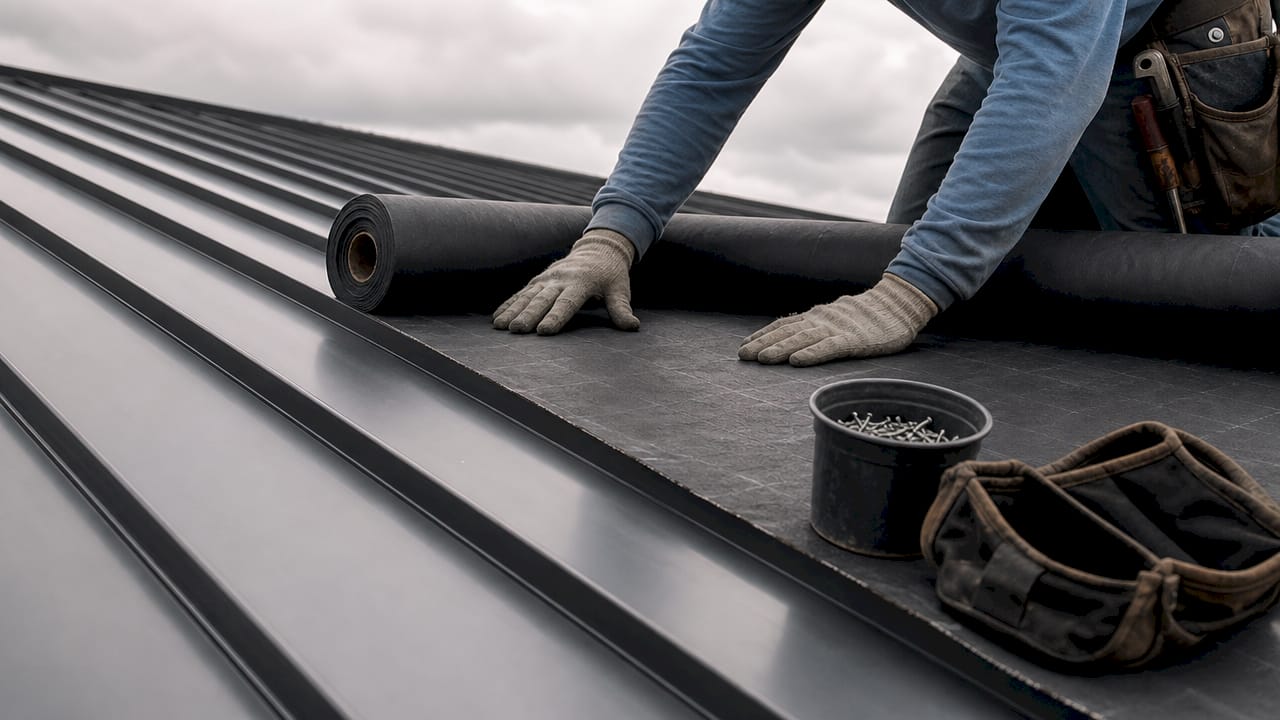 Close-up of hands installing roof underlayment near gutter