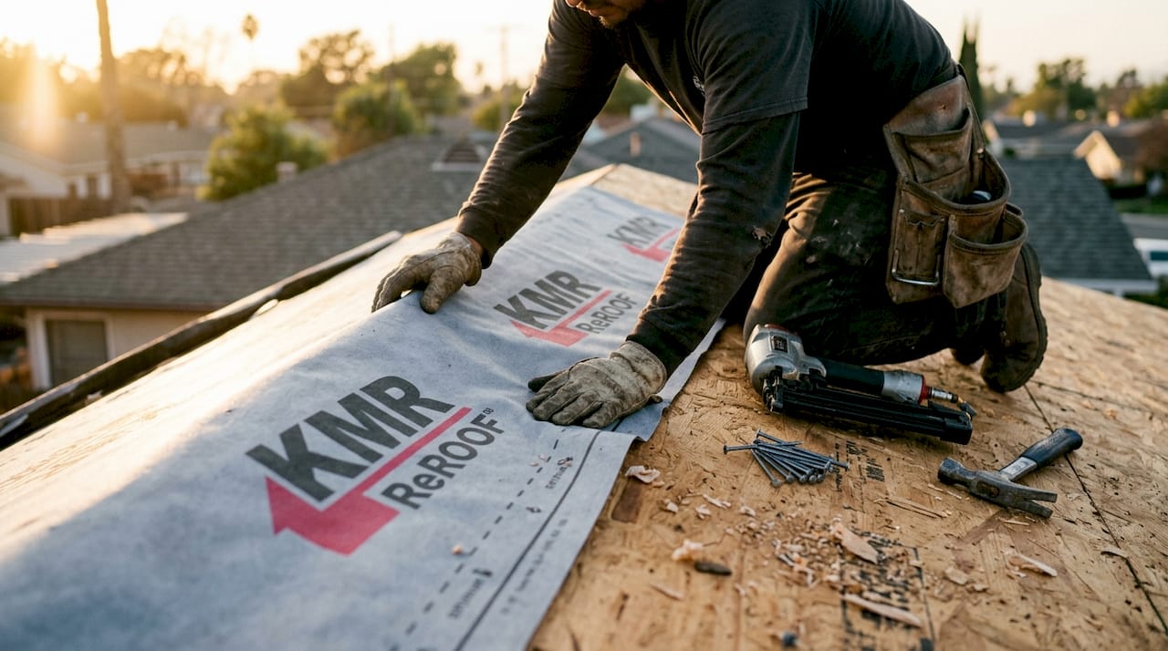 Close-up of hands installing roofing underlayment