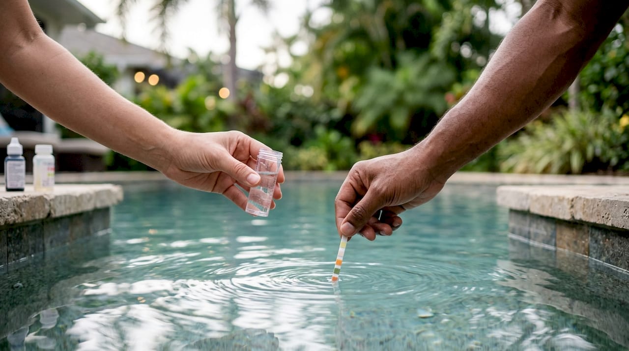 Close-up of hands holding pool water test kit