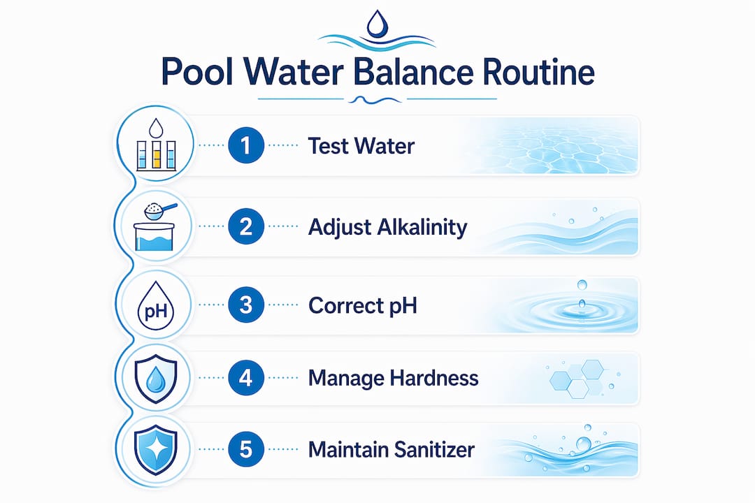 Infographic illustrating pool water maintenance steps