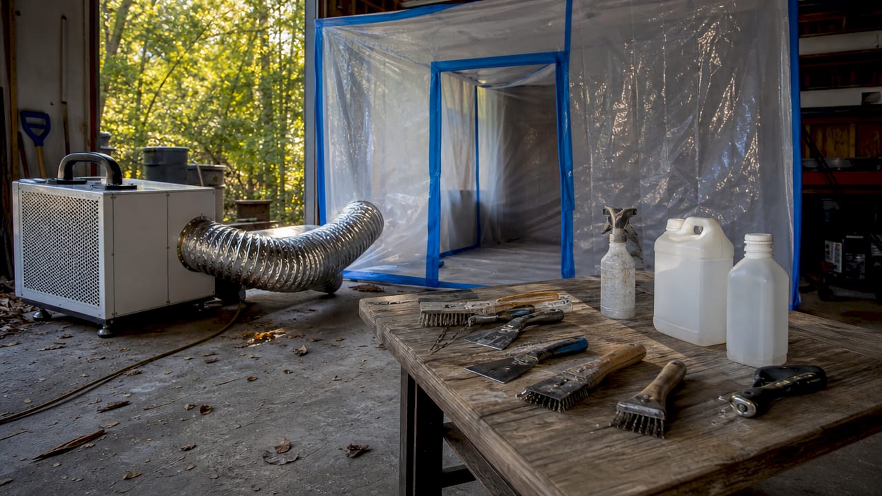 Lead paint abatement tools and containment setup