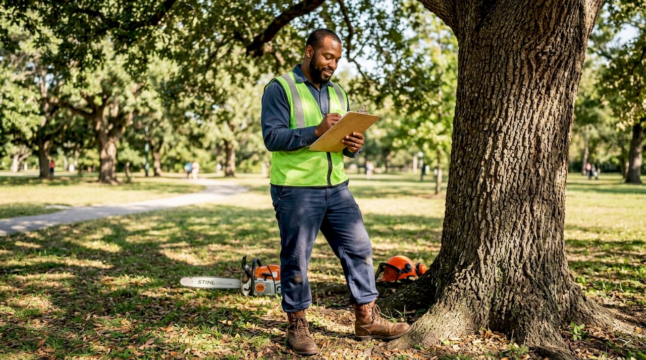 Arborist evaluating tree health in backyard