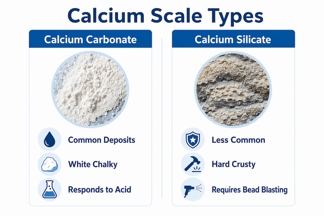 Infographic comparing calcium carbonate and calcium silicate scales